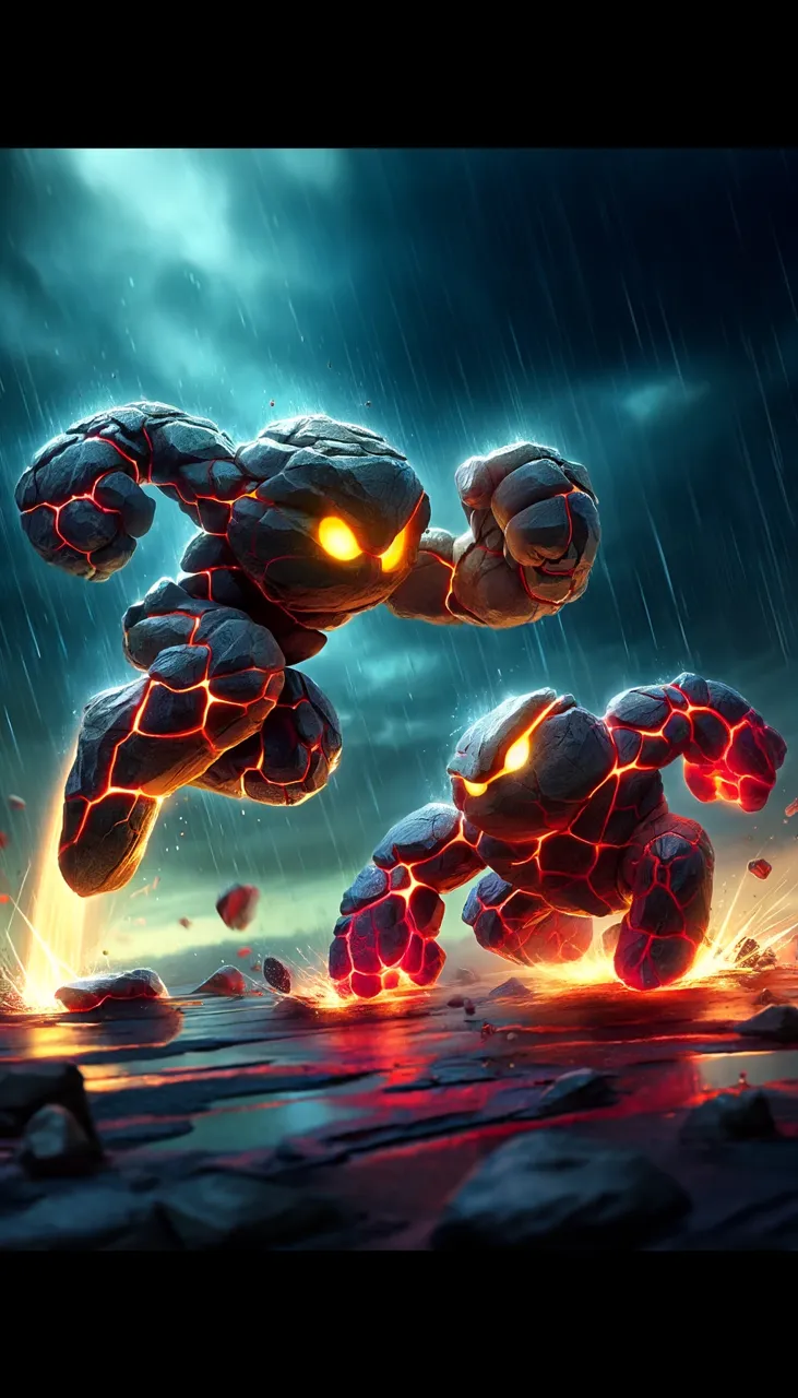 Two Knockers rock characters clash in a storm, lava cracks glowing